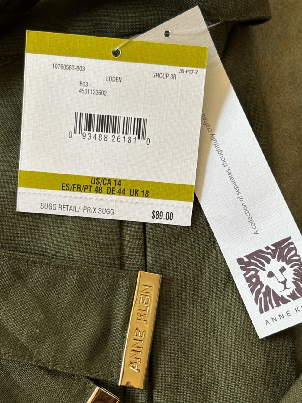 ANNE KLEIN NWT Women’s SZ 14 Olive Green Ankle Pants, Straight Leg, Linen Blend - Picture 11 of 16